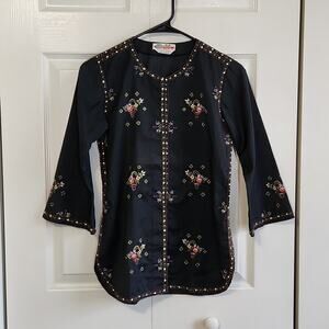 Vintage Peacock‎ Womens Oriental Embroidered Black Button Down Top Size XS Asian